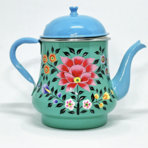 Théière en émail indien motif fleurs bleu turquoise