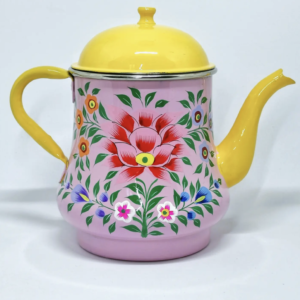 Théière en émail indien motif fleurs rose
