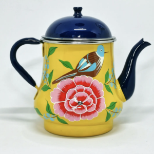 Théière en émail indien motif fleurs jaune