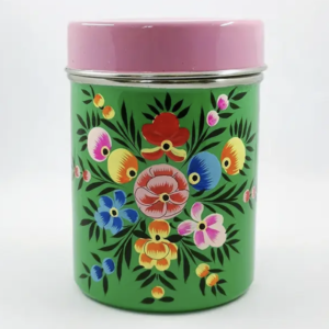 Boite à thé en émail indien motif fleurs vert