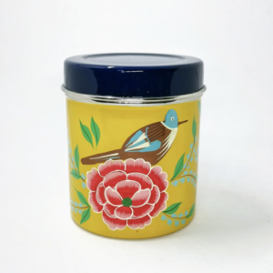 Boite à thé en émail indien motif fleurs jaune