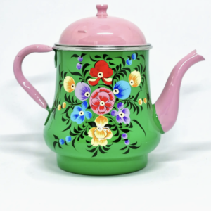 Théière en émail indien motif fleurs vert