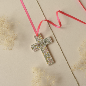 Croix Murale Fleurie Verte & Rose - Cadeau de cérémonie ou Naissance