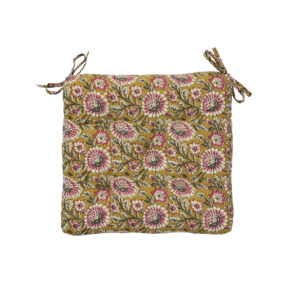 Galette de chaise carrée florale - Moutarde 45 x 45cm