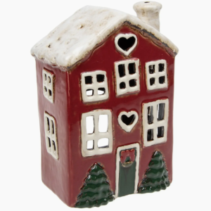 Maison photophore de Noël rouge avec cœurs – Village Pottery