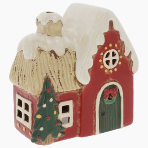 Maison photophore de Noël rouge avec sapin – Village Pottery